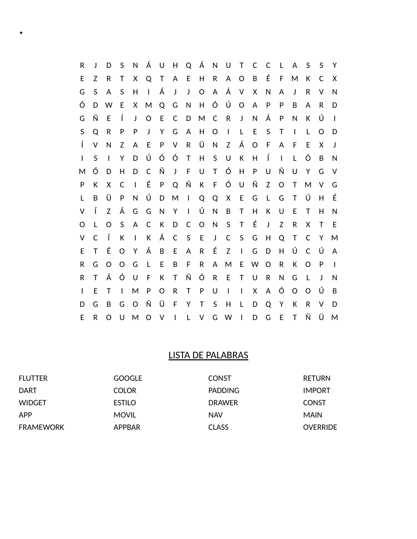 Flutter and Dart programming word search with widget, framework, and appbar vocabulary.
