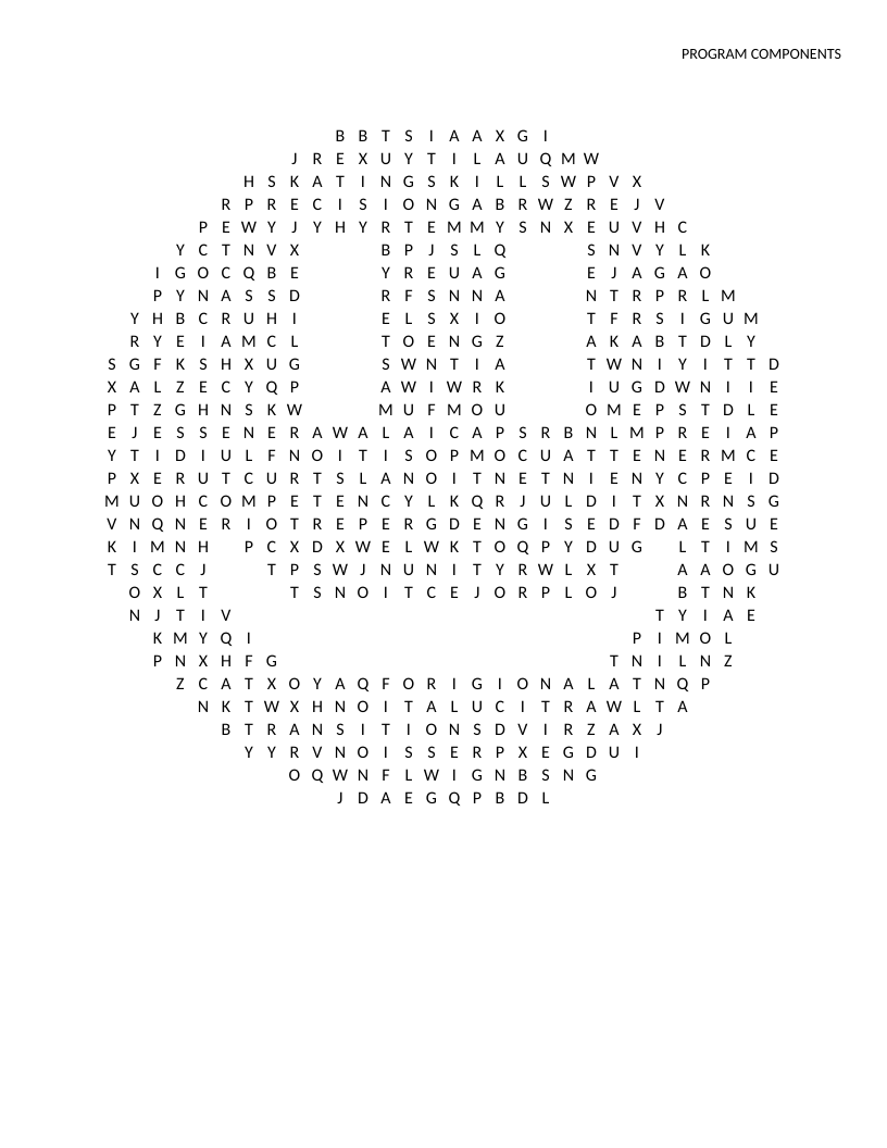 Smiley-shaped figure skating word search with program components including musicality and transitions.