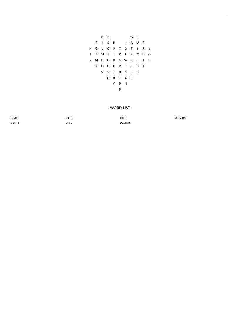 Heart-shaped food and drink word search with words like milk, yogurt, water, and fruit.