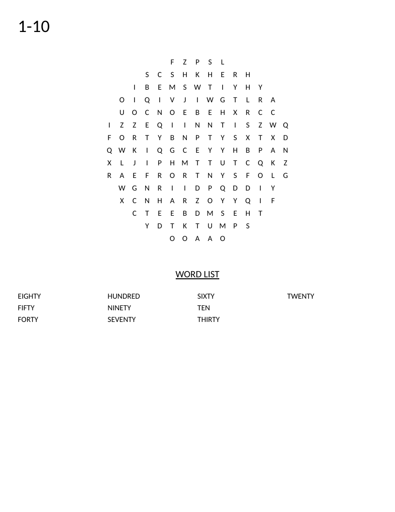 Circle-shaped numbers word search with counting words ten through hundred.