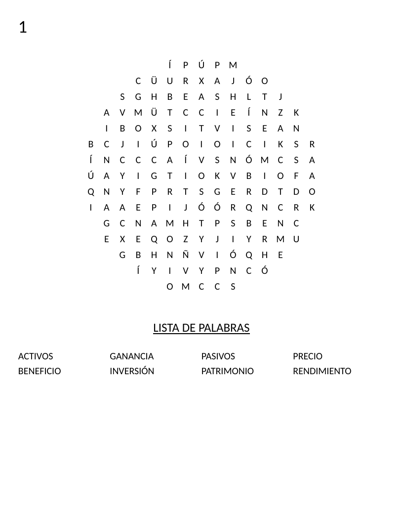 Circular Spanish accounting word search with finance vocabulary including activos and patrimonio.