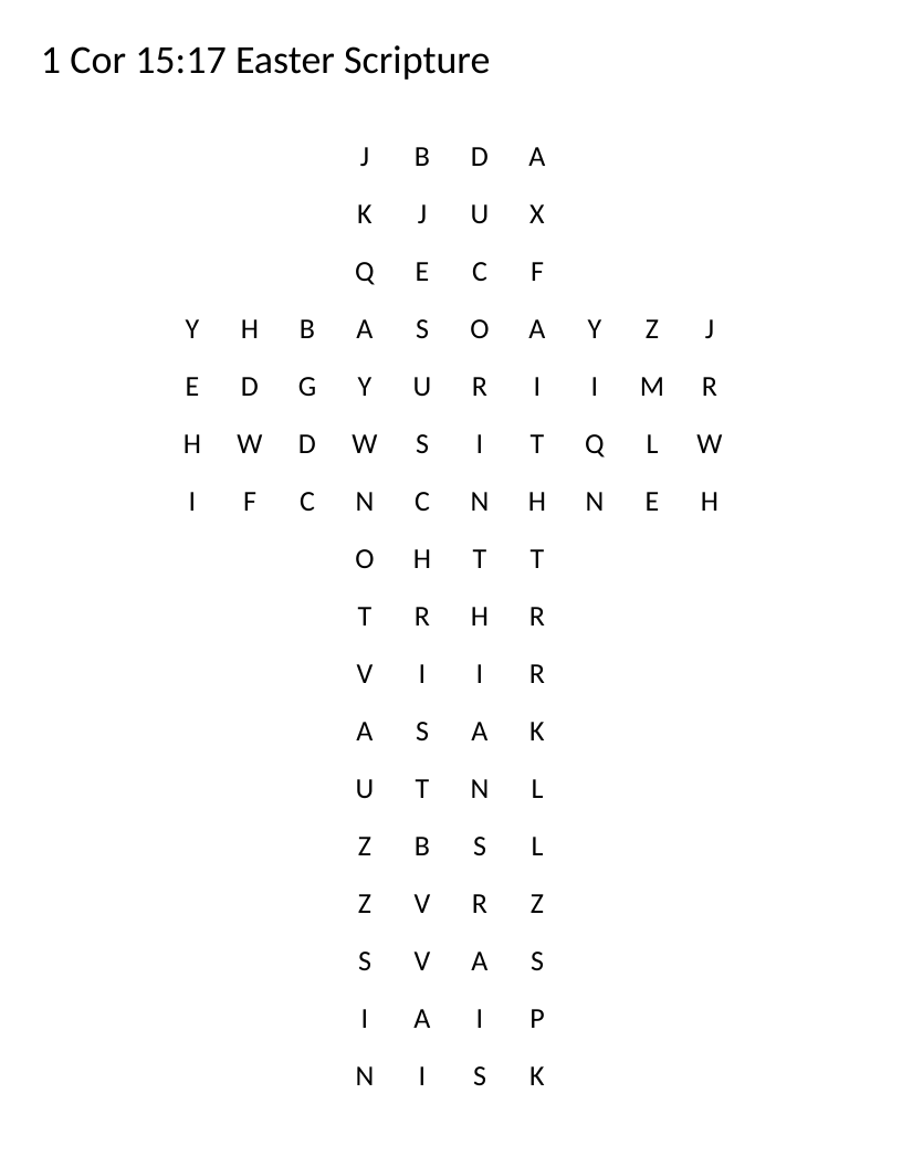 Cross-shaped Easter scripture word search on 1 Corinthians 15:17 with Jesus Christ and faith.