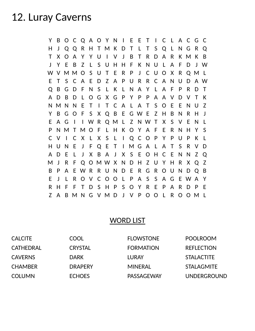 Luray Caverns word search with geology words like stalactite, stalagmite, and flowstone.