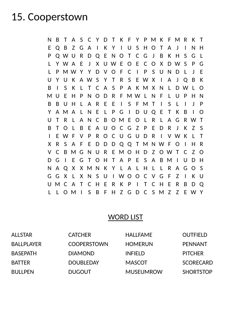Baseball word search with Cooperstown, Hall of Fame, pitcher, and homerun.