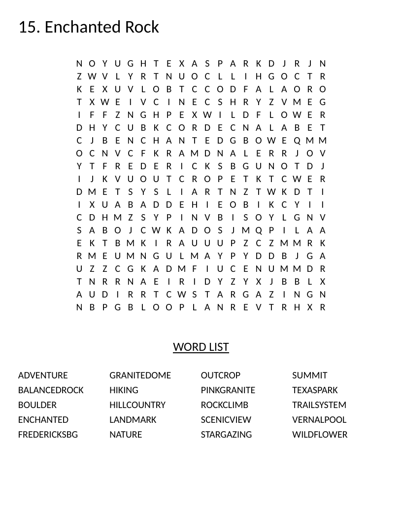 Enchanted Rock word search featuring Texas granite dome with words like pink granite and vernal pool.