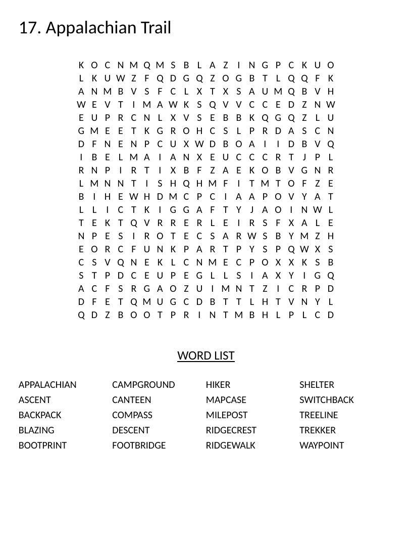 Appalachian Trail word search with hiking vocabulary including switchback, trekker, and ridgecrest.
