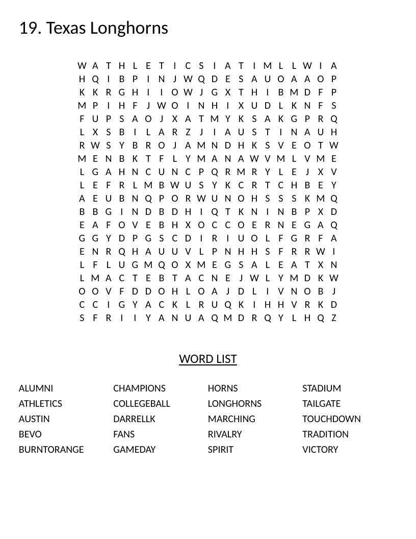 Texas Longhorns word search with football terms like Bevo, burnt orange, and tailgate.