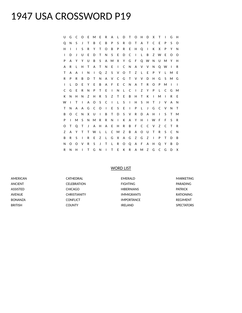 1947 St. Patrick's Day word search with words like Irish, immigrants, and Chicago.