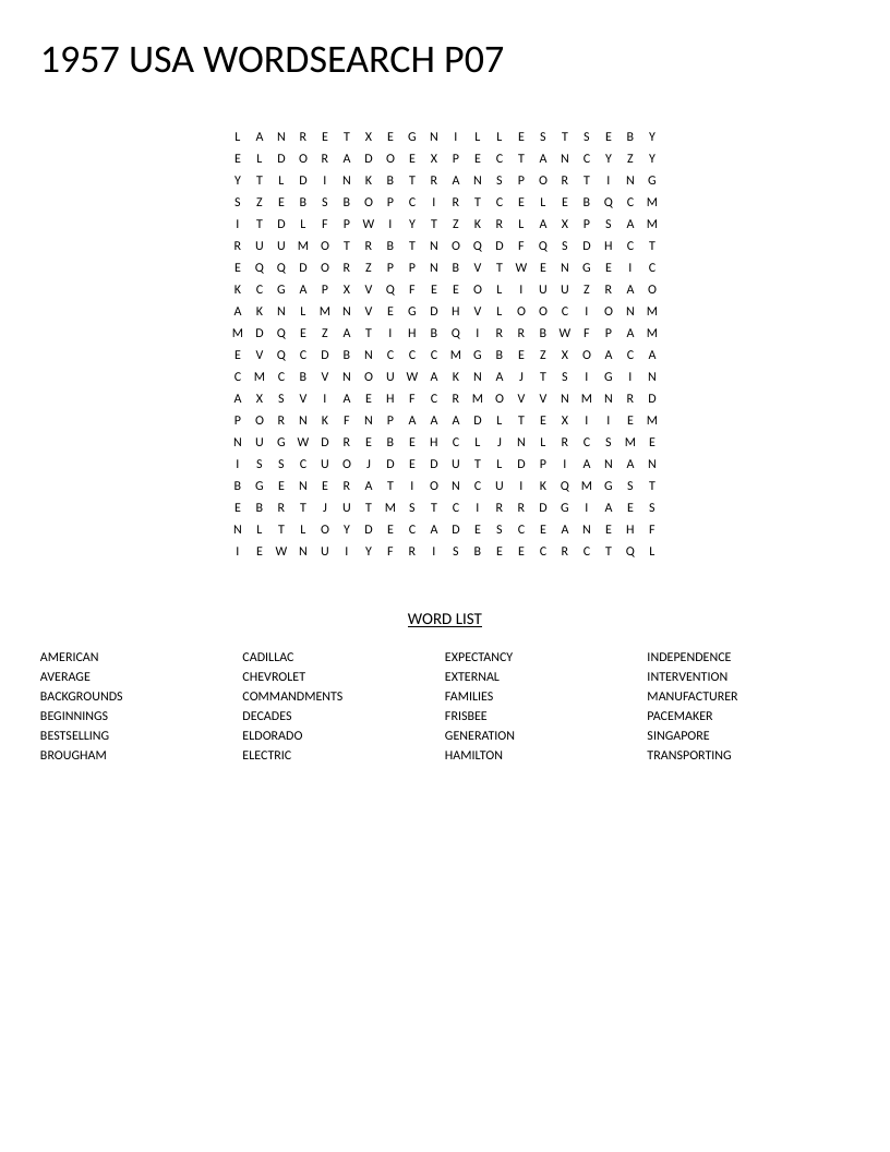 1957 USA word search with words like Cadillac, pacemaker, and Frisbee.
