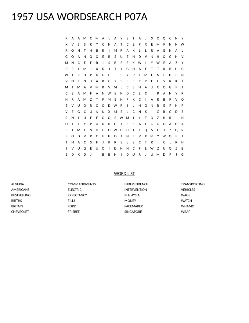 1957 USA history word search with words like Frisbee, pacemaker, and Chevrolet.