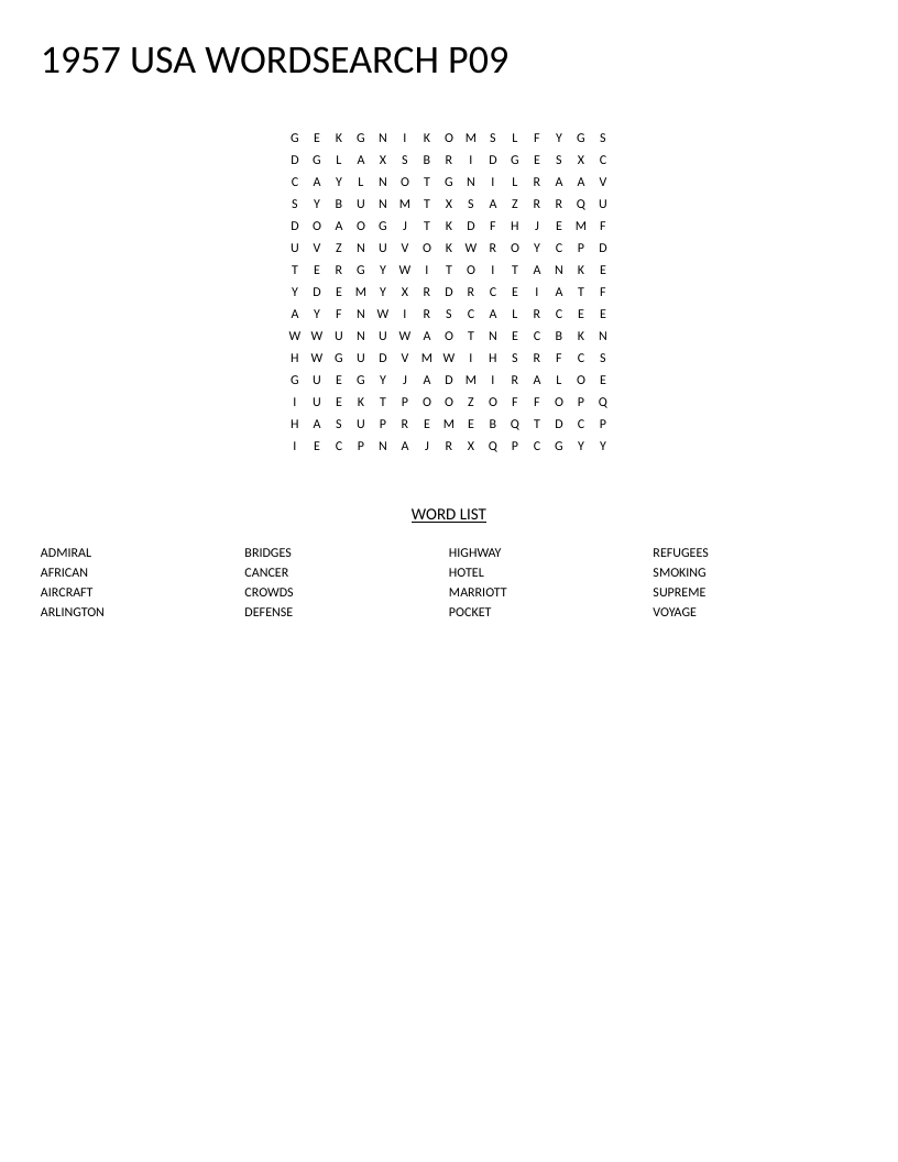 1957 USA history word search with words like Marriott, Arlington, and Supreme.