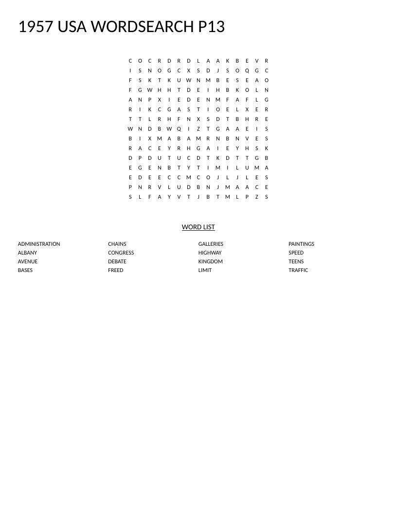 1957 USA word search with vocabulary including Albany, Congress, and administration.