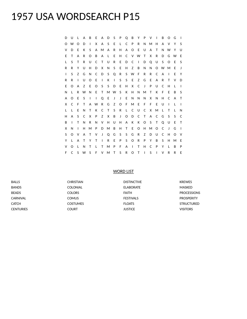 1957 Mardi Gras word search with carnival words like krewes, processions, and costumes.