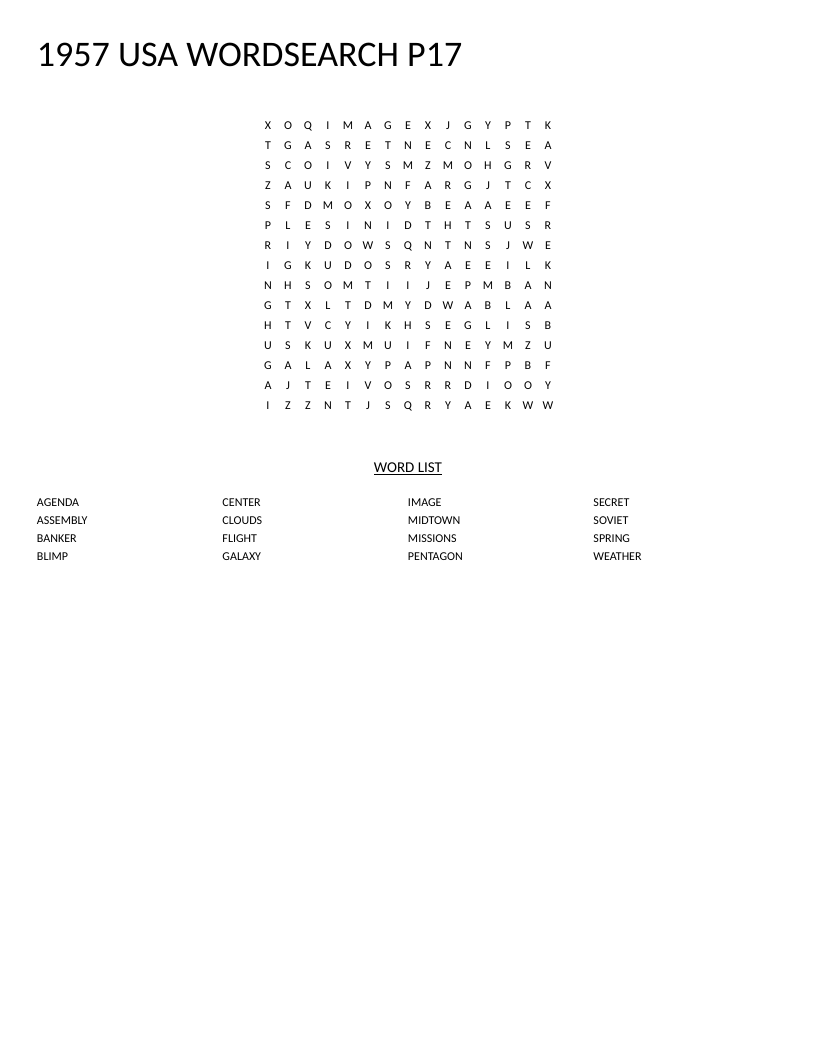 1957 USA word search with Cold War and space-race words like Soviet and Galaxy.