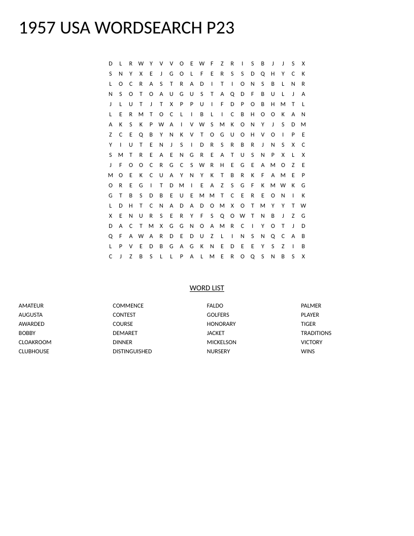 1957 Masters golf word search with Palmer, Snead, and other tournament legends.