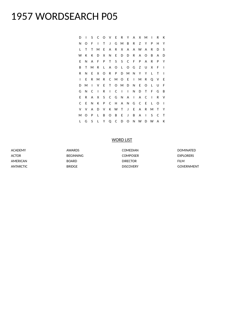 1957 history word search with words like explorers, government, and discovery.