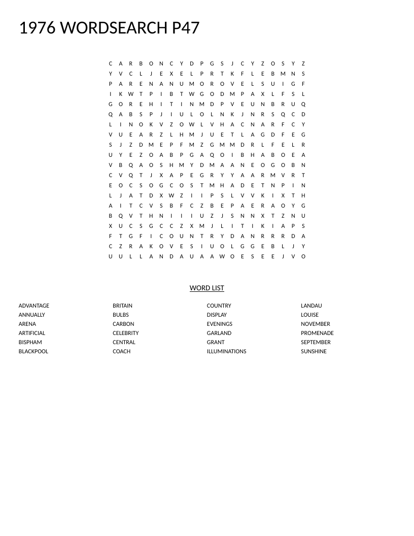 Word search about 1976 Blackpool Illuminations with words like promenade, November, and garland.