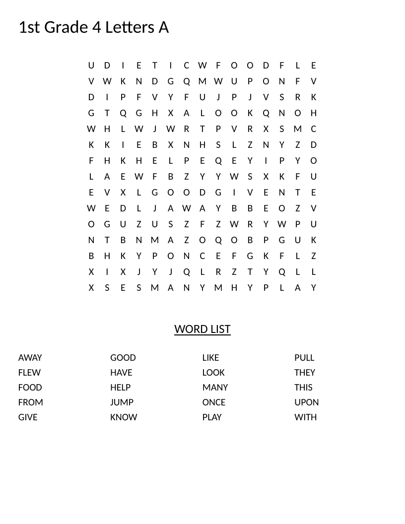 Grade 1 word search with sight words like play, like, help, and know.