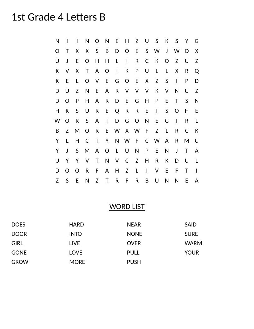 First-grade sight words word search with common words like love, said, and sure.