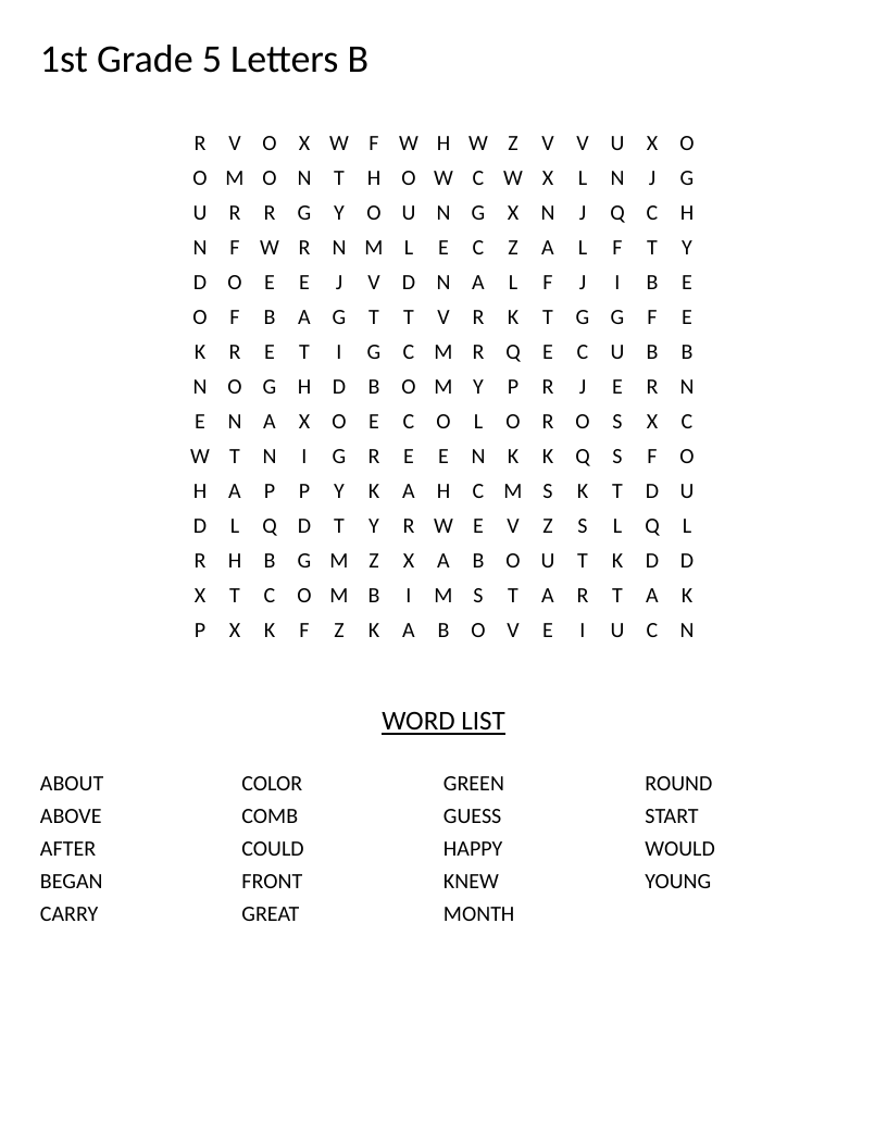 Grade 1 word search with sight words like happy, could, would, and great in large letters.