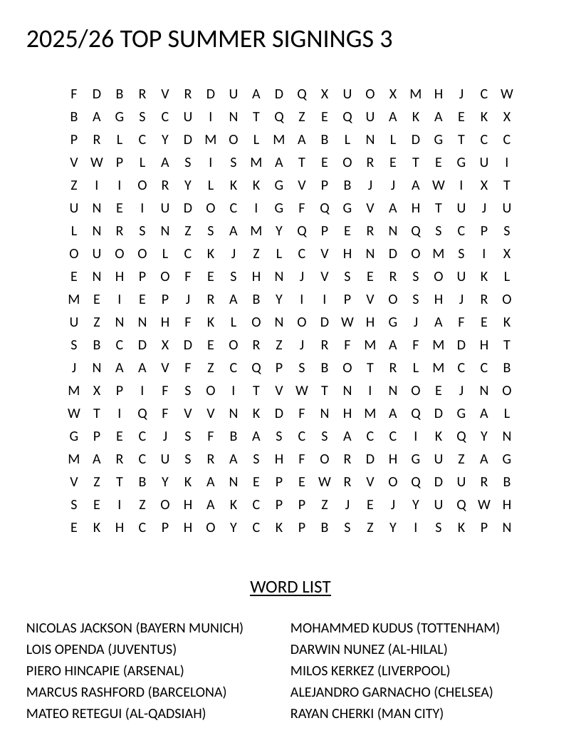 Soccer player transfer word search with names like Darwin Núñez and Marcus Rashford.