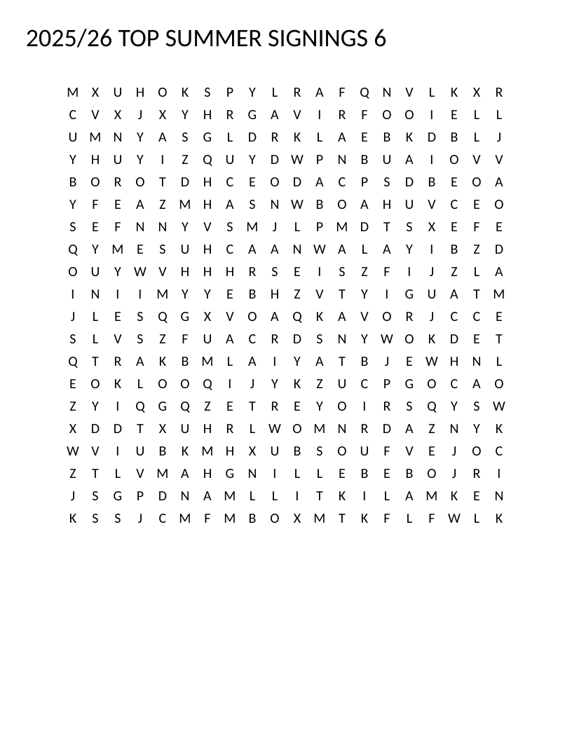 Soccer word search with 2025-26 summer transfer signings like Bellingham and Sané.