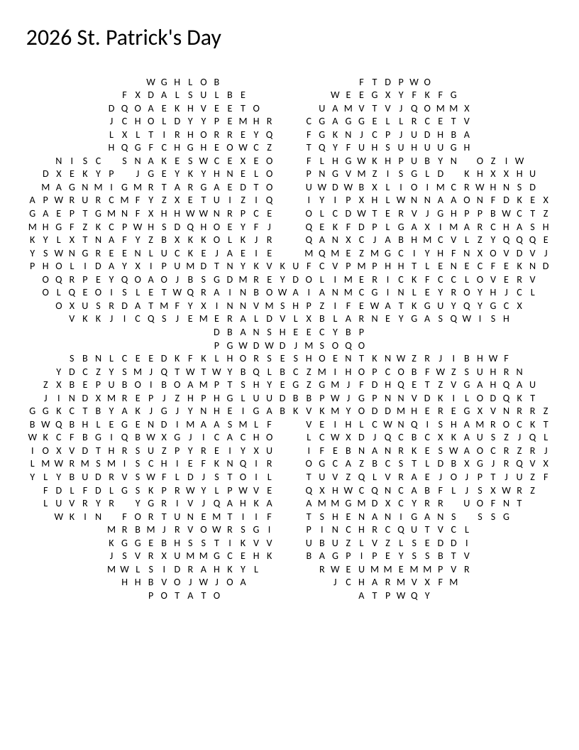 Clover-shaped St. Patrick's Day word search with leprechaun, shamrock, and rainbow words.