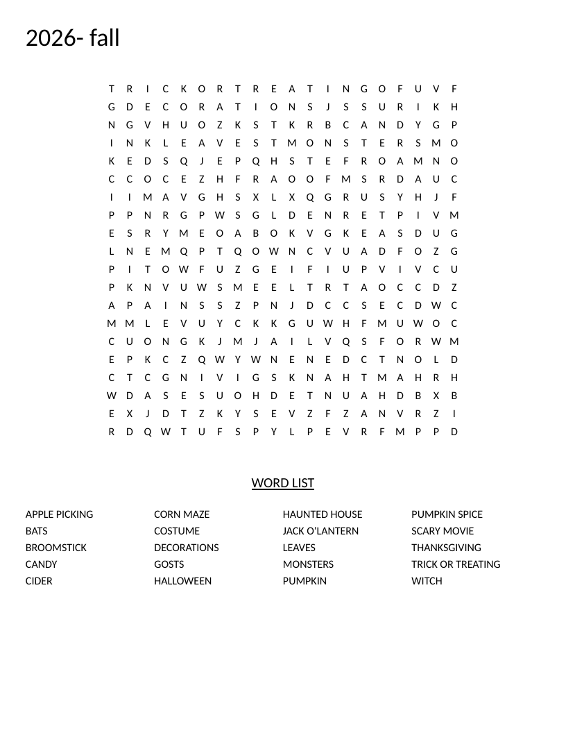 Fall word search with Halloween and Thanksgiving words like pumpkin, jack-o-lantern, and candy.