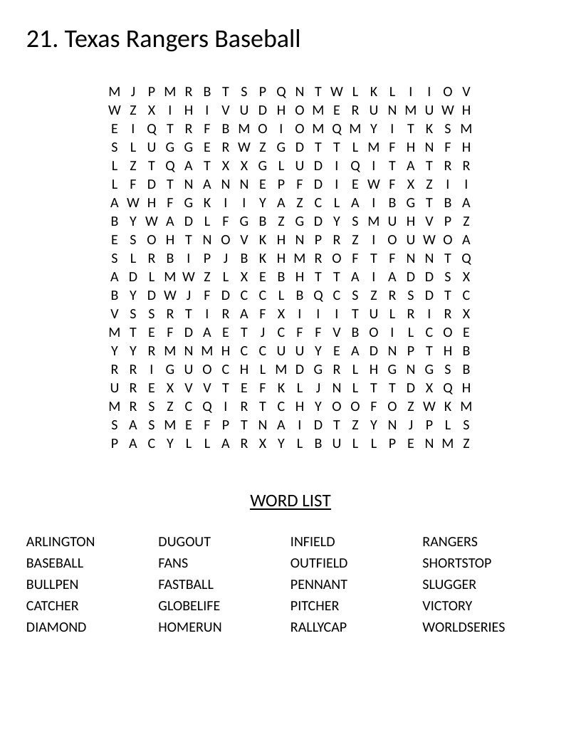 Texas Rangers baseball word search with terms like Globe Life, shortstop, and homerun.