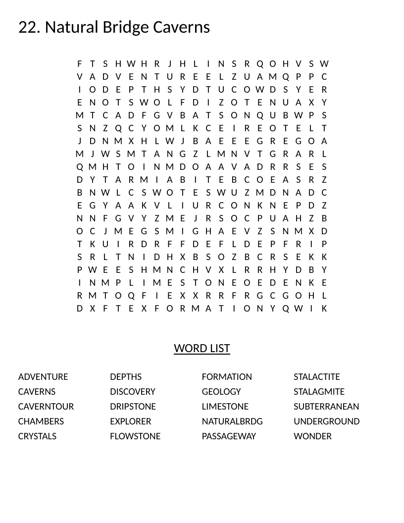 Natural Bridge Caverns word search with geology words like stalactite, stalagmite, and flowstone.
