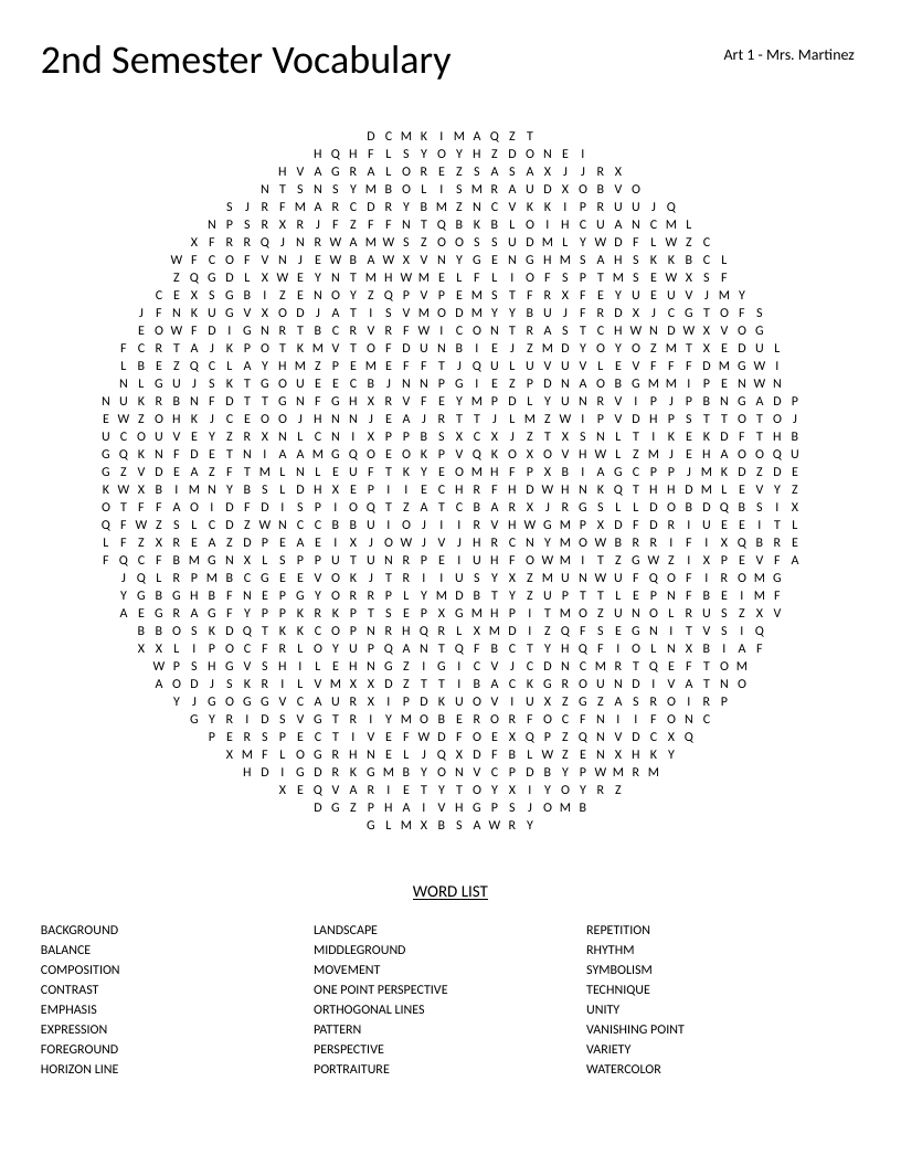 Circular art vocabulary word search with words like perspective, composition, and symbolism.