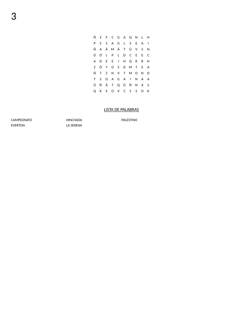Chilean soccer word search with team names Palestino, Everton, and La Serena.