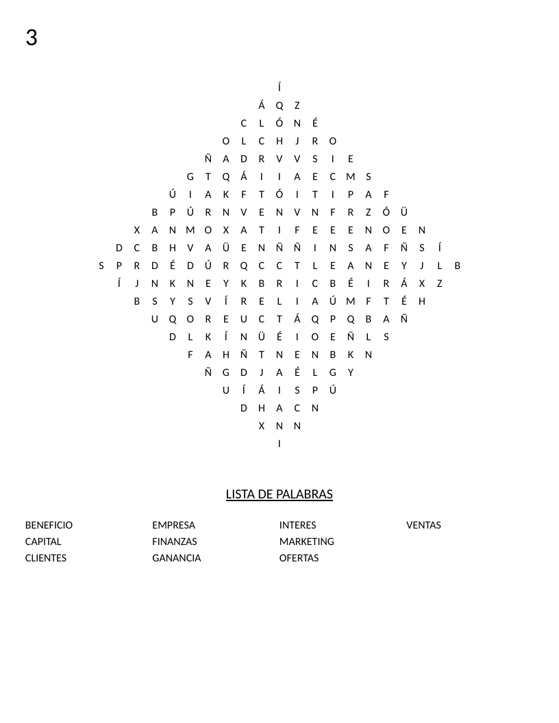Diamond-shaped Spanish business word search with economics vocabulary like ventas and ganancia.