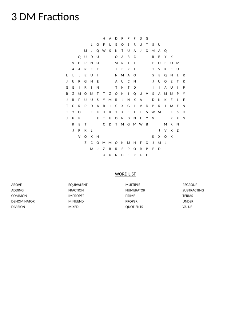 Smiley-face fractions word search with math vocabulary including numerator, denominator, and equivalent.