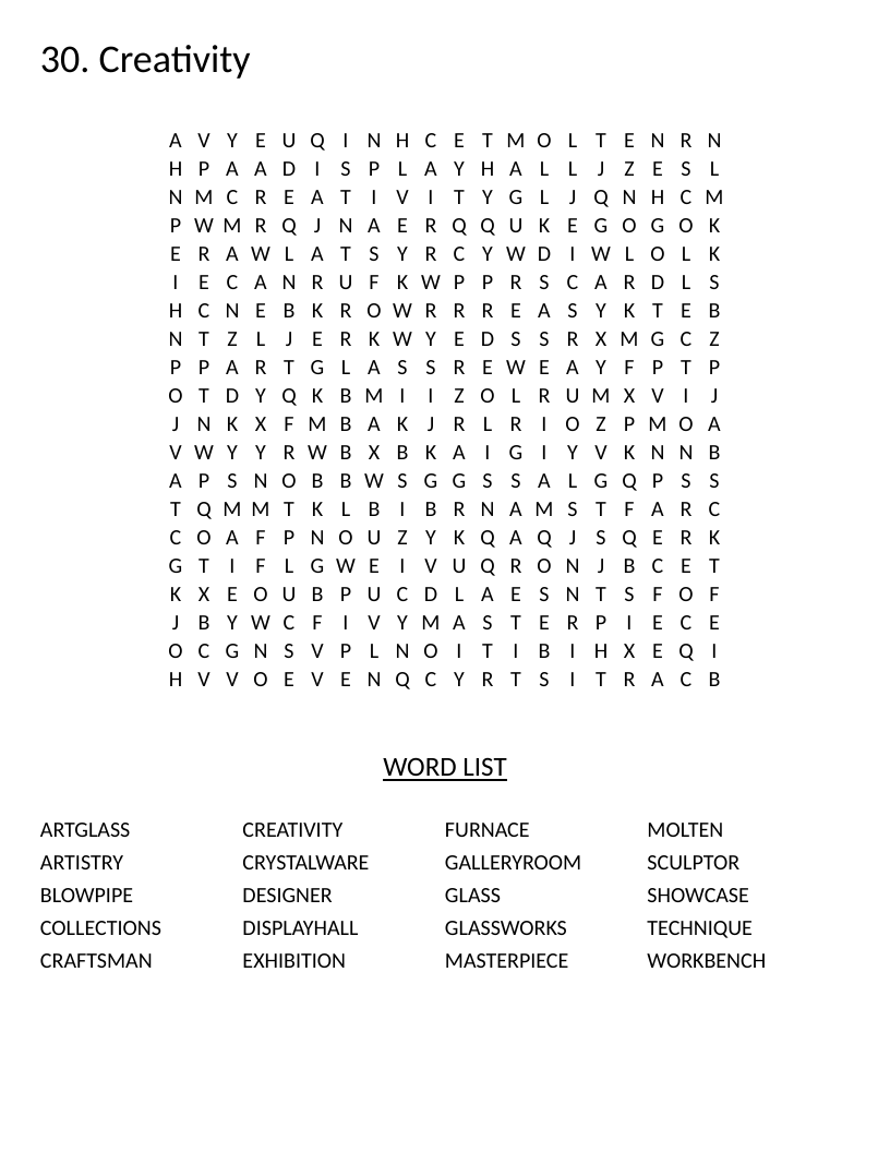 Glass art creativity word search with terms like glassworks, blowpipe, and masterpiece.