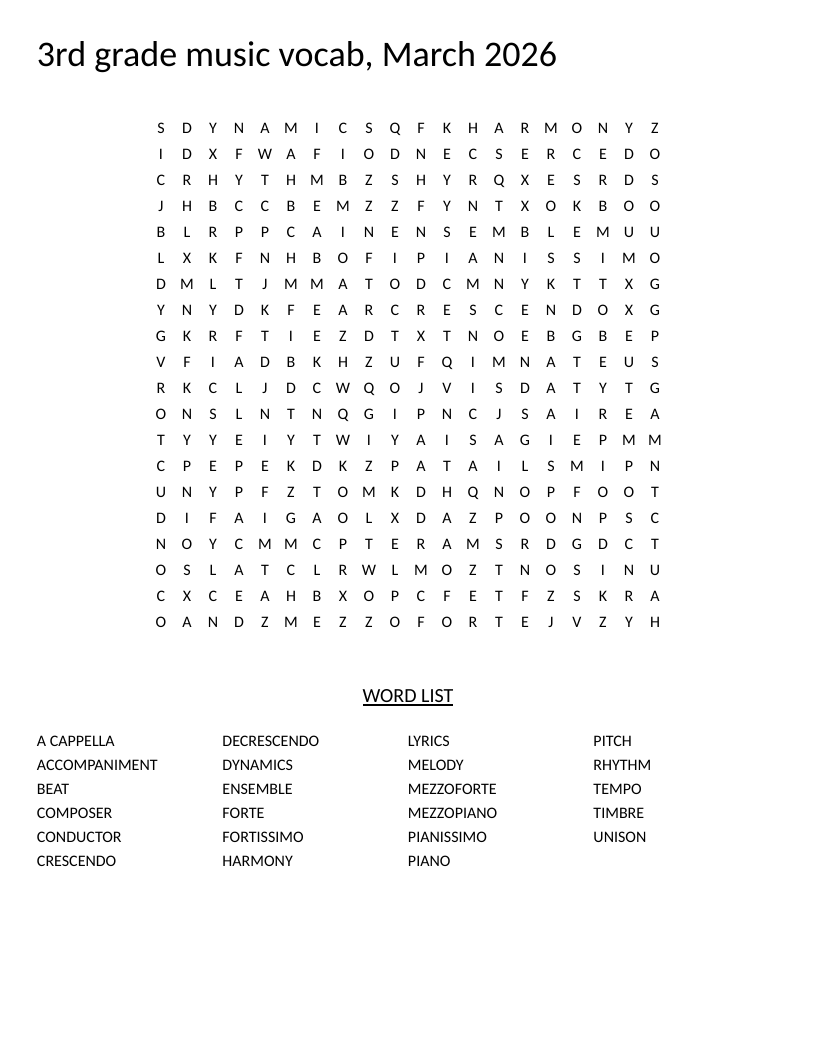 Music vocabulary word search for Grade 3 with words like beat, rhythm, melody, and tempo.