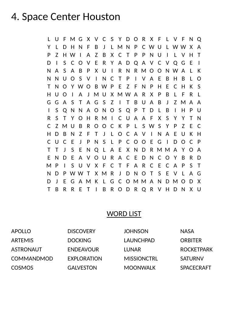 Space Center Houston word search with words like Apollo, astronaut, moonwalk, and NASA.