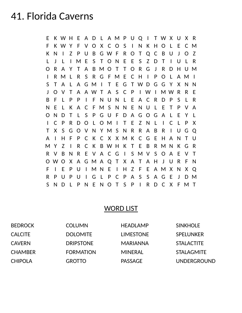 Florida Caverns word search with geology terms like stalactite, stalagmite, and limestone.