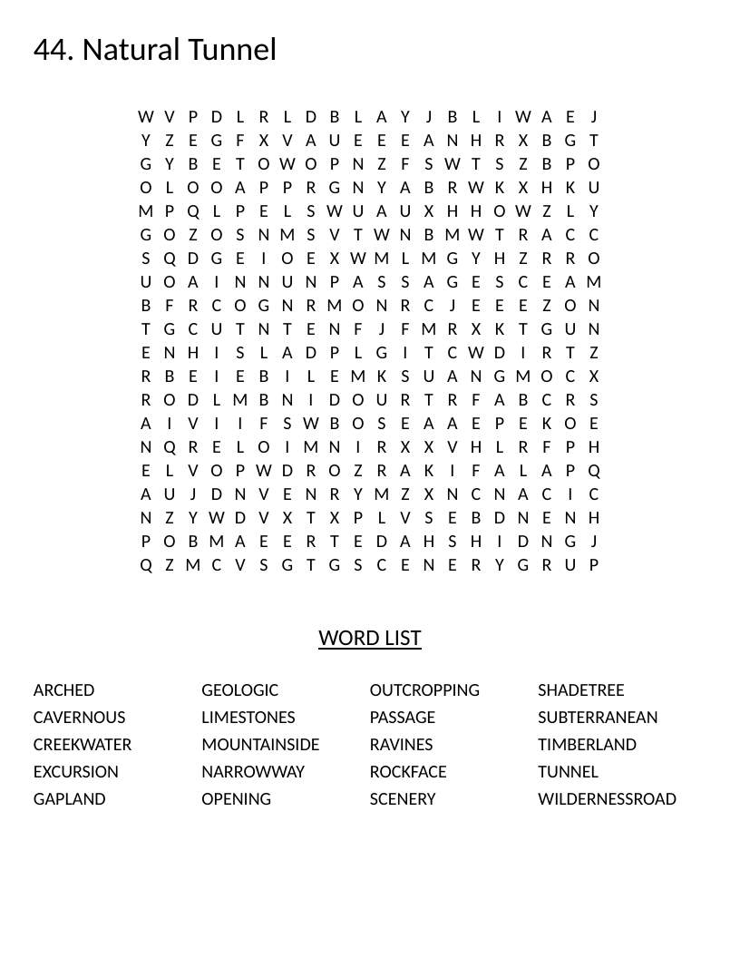 Natural Tunnel word search with geology words like limestones, cavernous, and ravines.