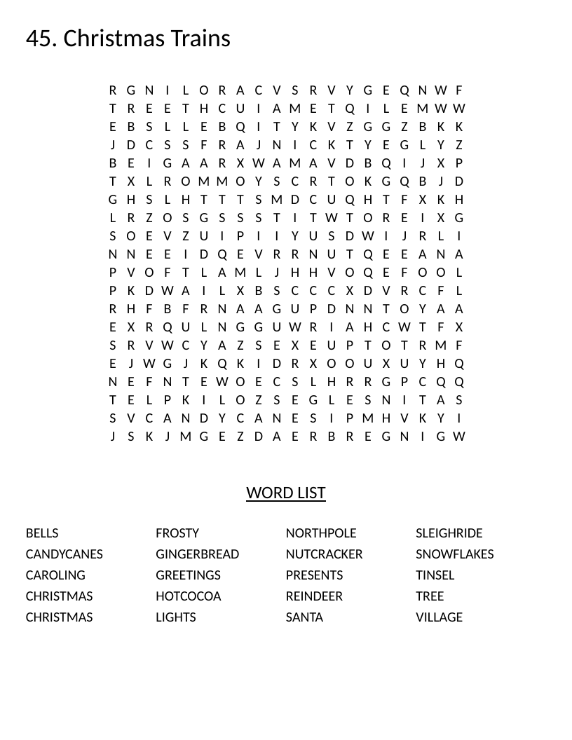 Christmas Trains word search with festive words like Santa, reindeer, and gingerbread.
