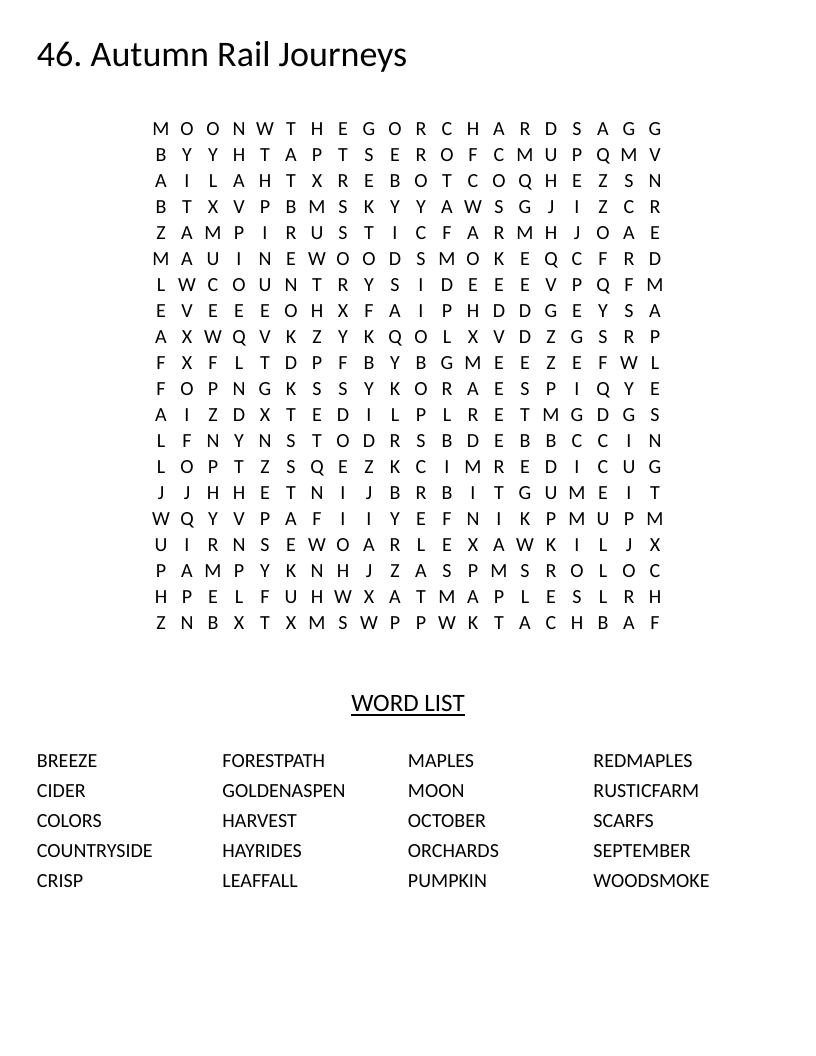 Autumn word search with fall scenery words like maples, pumpkin, hayrides, and cider.