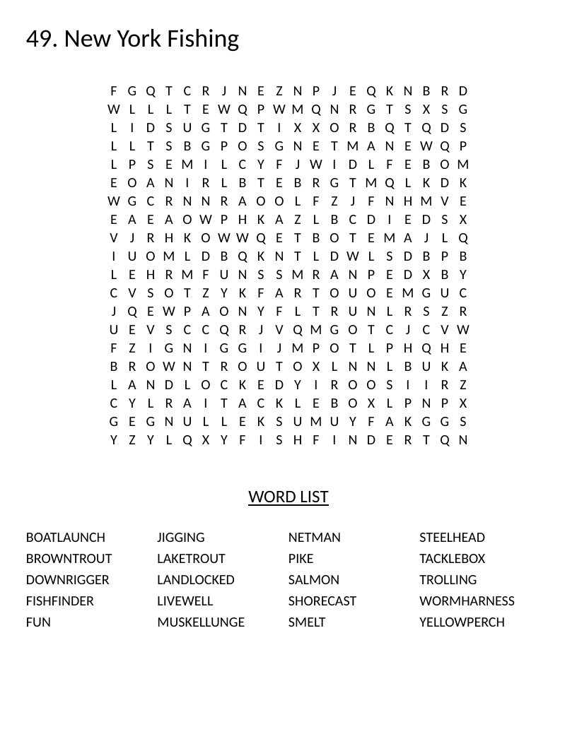 New York fishing word search with words like steelhead, muskellunge, and trolling.