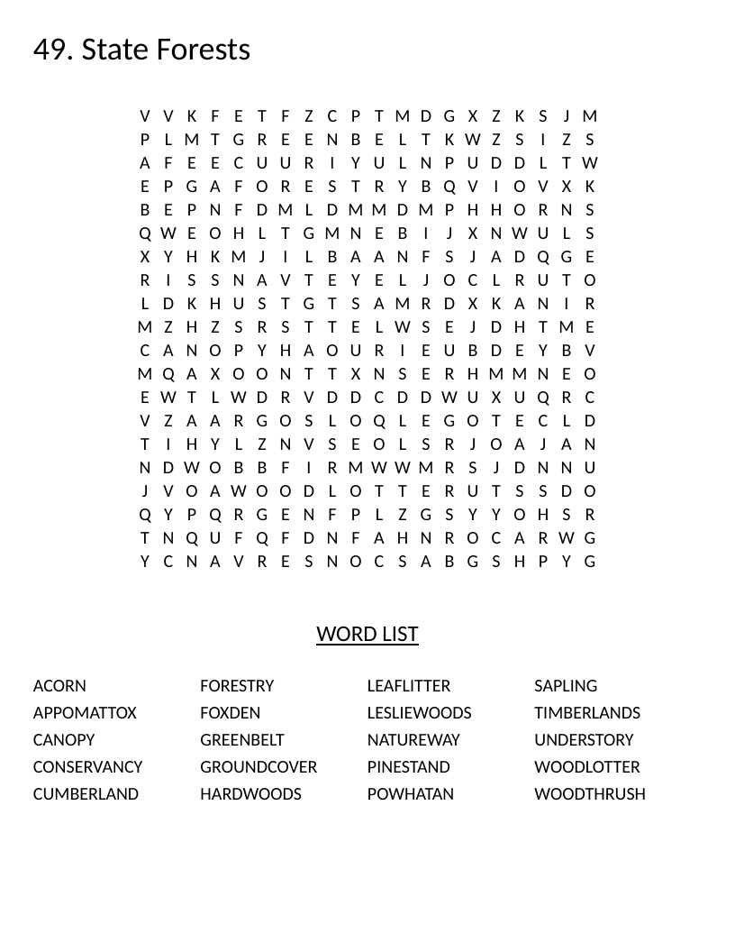State forests word search with words like Cumberland, canopy, and woodthrush from Virginia woodlands.