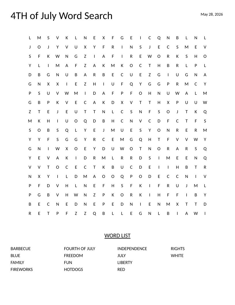 Fourth of July word search with words like fireworks, liberty, and barbecue.