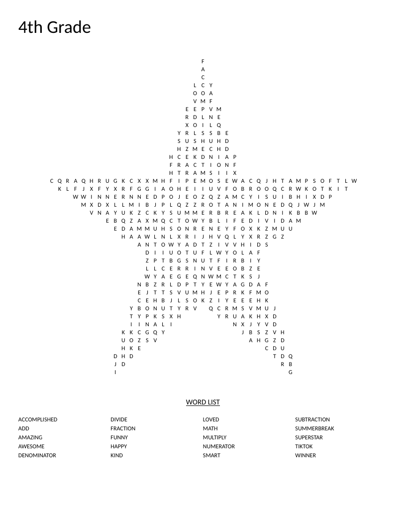 Star-shaped 4th grade word search with math and affirmation words like fraction and superstar.