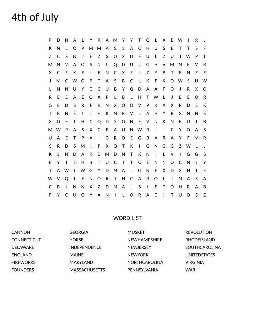 Fourth of July word search with original thirteen states and independence-themed words.
