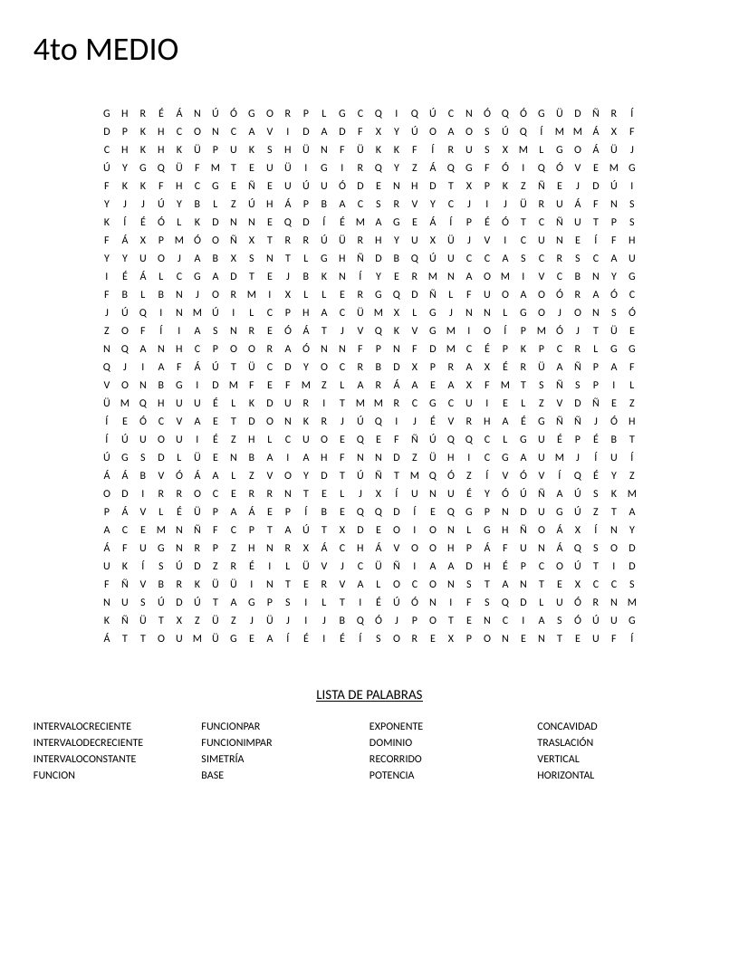 Spanish math word search with functions vocabulary including dominio, recorrido, and simetría.