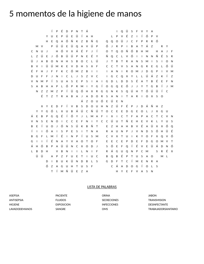 Spanish hand hygiene word search with healthcare terms like asepsia and transmisión in clover shape.