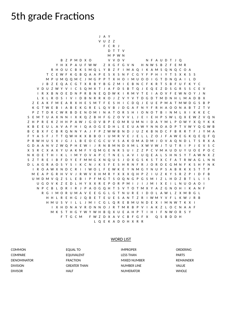 Pumpkin-shaped fractions word search for Grade 5 with math vocabulary like numerator and denominator.