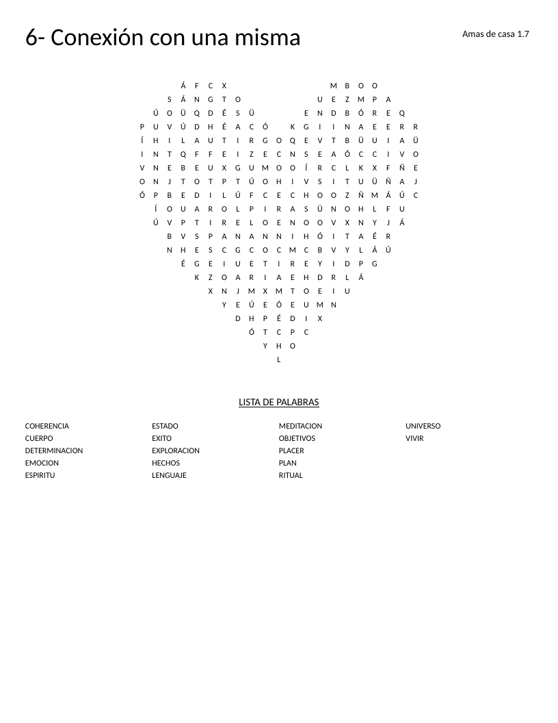 House-shaped Spanish word search on self-connection with words like meditación and emoción.